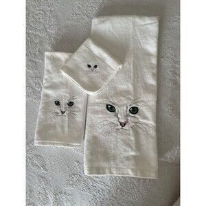Vtg White Embroidered Cat Face Bathroom Set Wash, Hand & Bath Towels R.A.Briggs